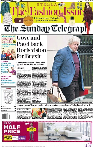 The Sunday Telegraph Newspaper Front Page for 17 September 2017