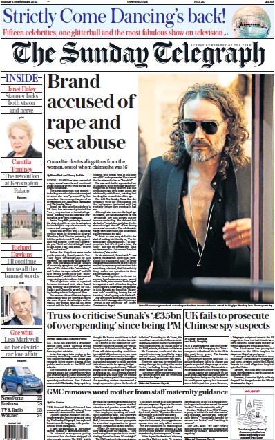 The Sunday Telegraph (UK) Newspaper Front Page for 17 September 2023