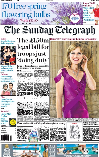 The Sunday Telegraph Newspaper Front Page for 18 October 2015
