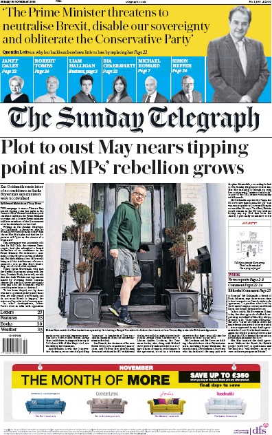 The Sunday Telegraph (UK) Newspaper Front Page for 18 November 2018