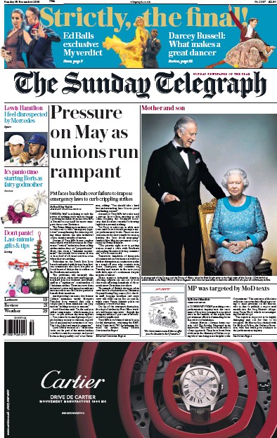 The Sunday Telegraph Newspaper Front Page for 18 December 2016
