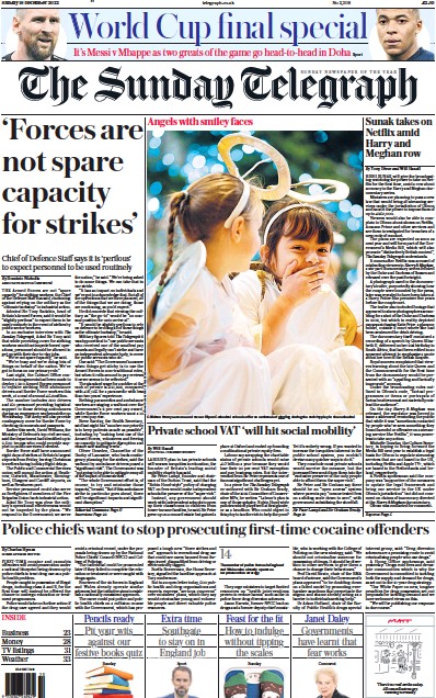 The Sunday Telegraph (UK) Newspaper Front Page for 18 December 2022