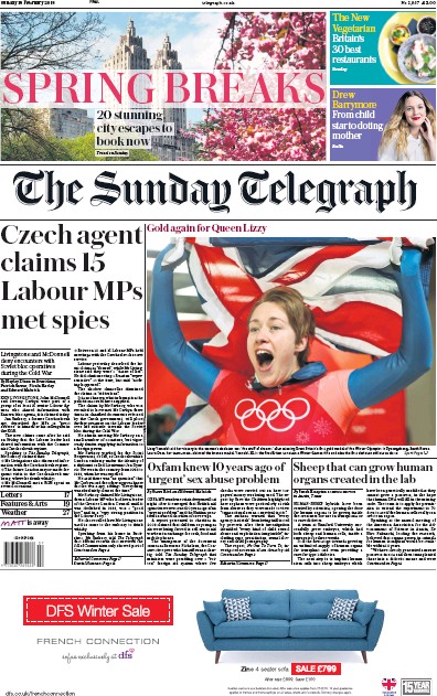The Sunday Telegraph Newspaper Front Page for 18 February 2018