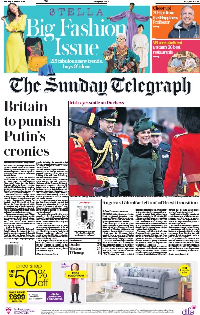 The Sunday Telegraph (UK) Newspaper Front Page for 18 March 2018
