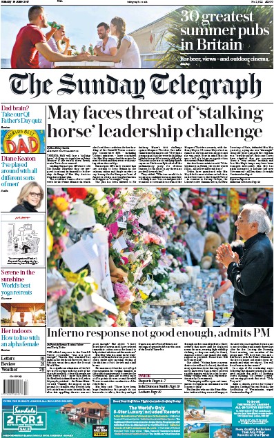 The Sunday Telegraph Newspaper Front Page for 18 June 2017