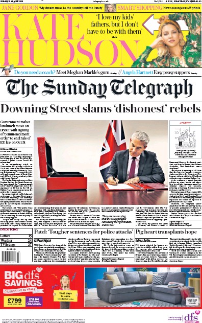 The Sunday Telegraph Newspaper Front Page for 18 August 2019