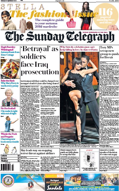 The Sunday Telegraph Newspaper Front Page for 18 September 2016