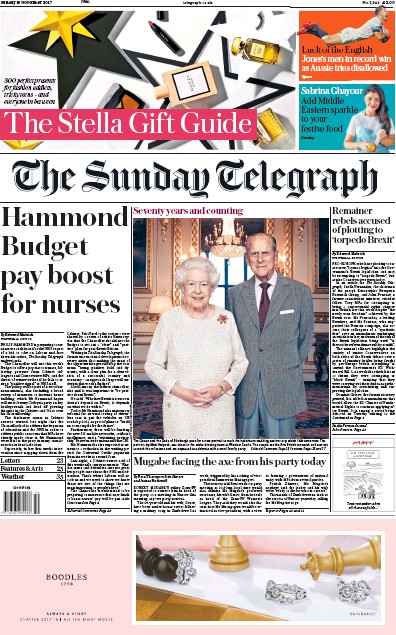 The Sunday Telegraph Newspaper Front Page for 19 November 2017