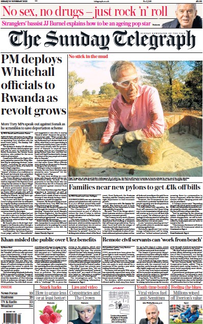 The Sunday Telegraph Newspaper Front Page for 19 November 2023