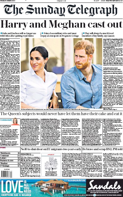 The Sunday Telegraph Newspaper Front Page for 19 January 2020