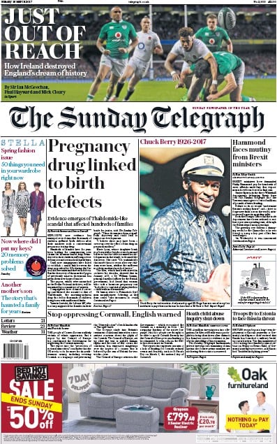 The Sunday Telegraph Newspaper Front Page for 19 March 2017