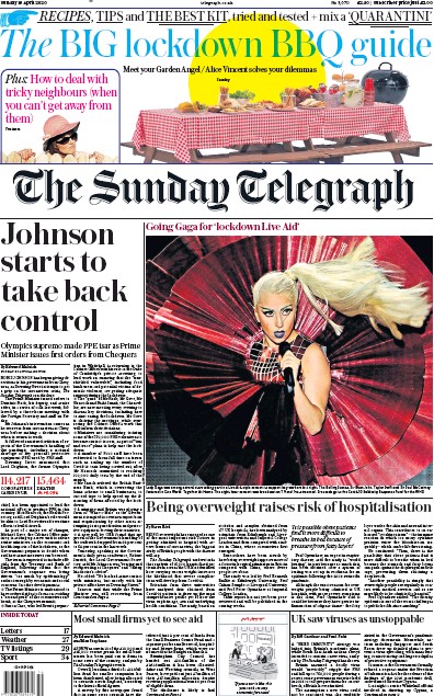 The Sunday Telegraph Newspaper Front Page for 19 April 2020