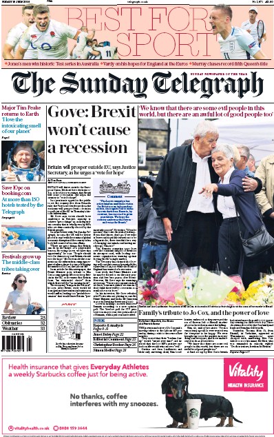 The Sunday Telegraph Newspaper Front Page for 19 June 2016