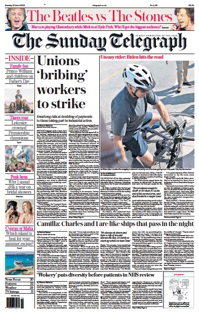 The Sunday Telegraph (UK) Newspaper Front Page for 19 June 2022