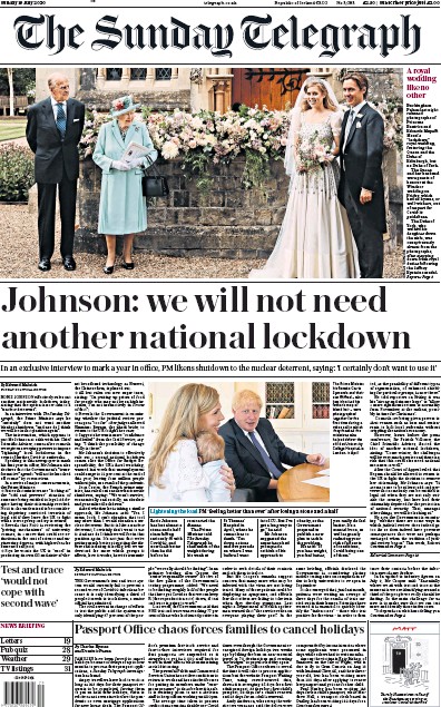 The Sunday Telegraph Newspaper Front Page for 19 July 2020