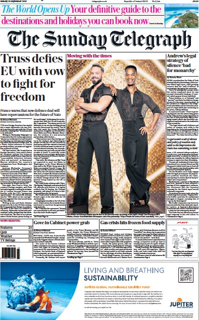 The Sunday Telegraph (UK) Newspaper Front Page for 19 September 2021
