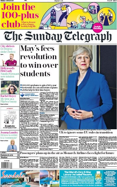 The Sunday Telegraph Newspaper Front Page for 1 October 2017