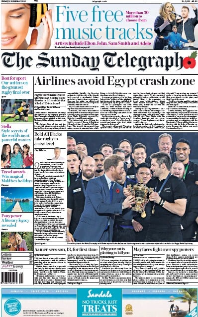 The Sunday Telegraph (UK) Newspaper Front Page for 1 November 2015