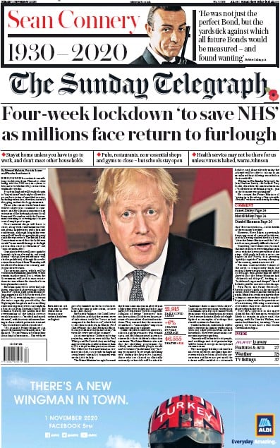 The Sunday Telegraph Newspaper Front Page for 1 November 2020
