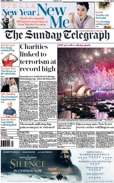 The Sunday Telegraph Newspaper Front Page for 1 January 2017