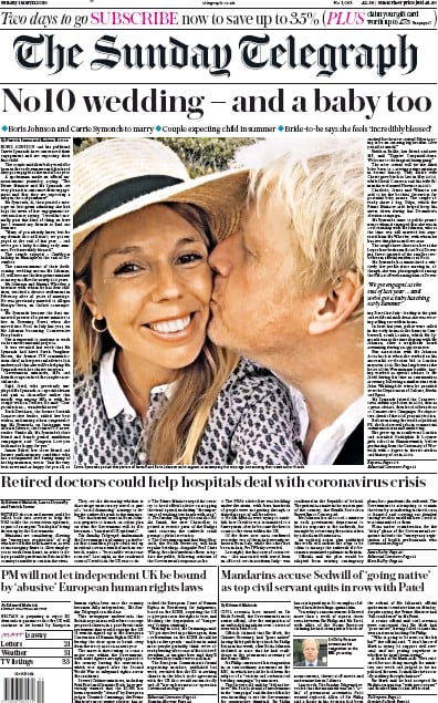 The Sunday Telegraph Newspaper Front Page for 1 March 2020