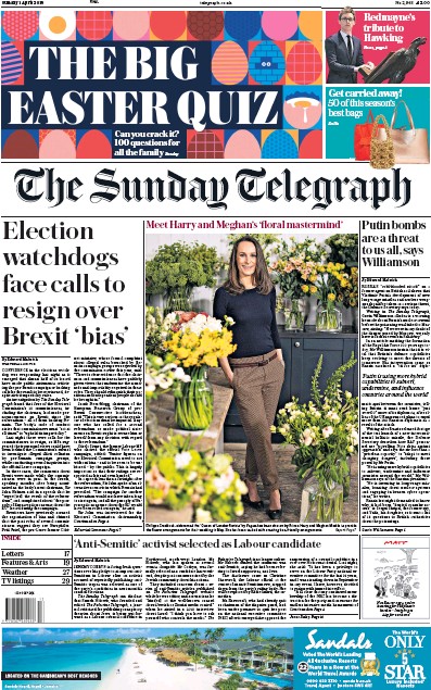 The Sunday Telegraph Newspaper Front Page for 1 April 2018