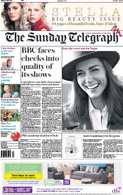 The Sunday Telegraph Newspaper Front Page for 1 May 2016