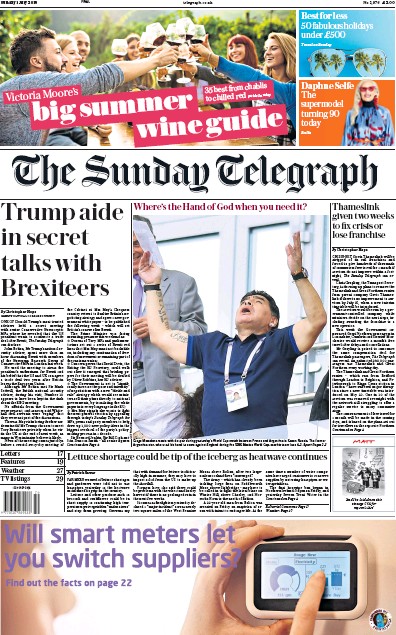 The Sunday Telegraph Newspaper Front Page for 1 July 2018
