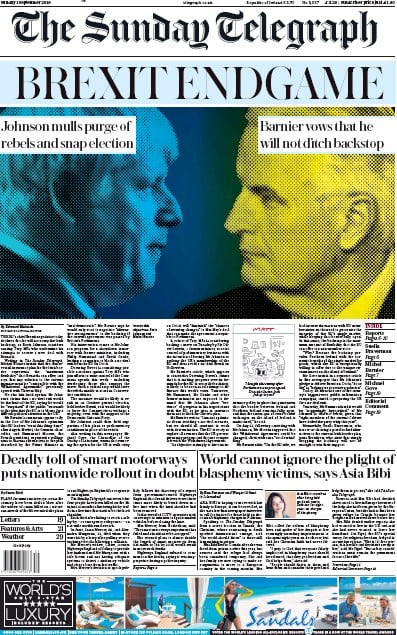 The Sunday Telegraph Newspaper Front Page for 1 September 2019