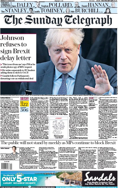 The Sunday Telegraph (UK) Newspaper Front Page for 20 October 2019