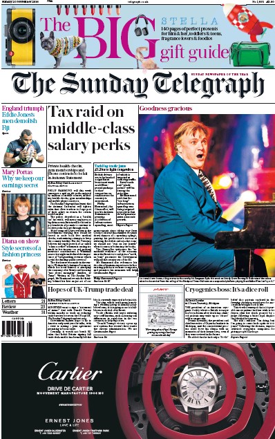 The Sunday Telegraph Newspaper Front Page for 20 November 2016