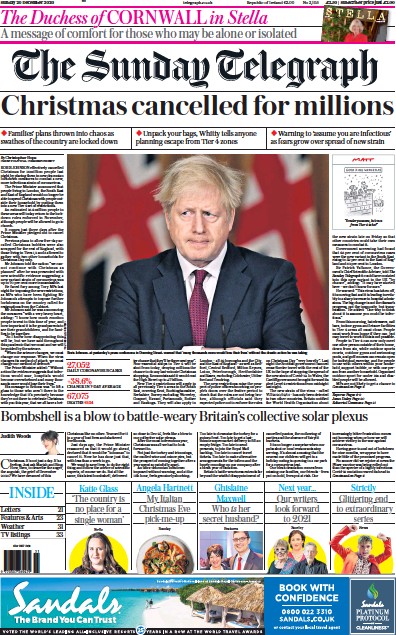 The Sunday Telegraph Newspaper Front Page for 20 December 2020