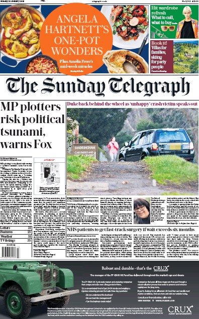 The Sunday Telegraph Newspaper Front Page for 20 January 2019