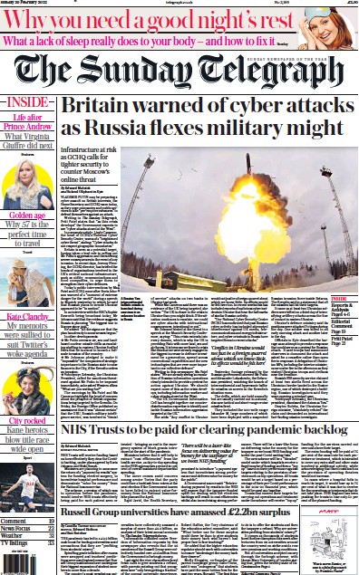The Sunday Telegraph (UK) Newspaper Front Page for 20 February 2022