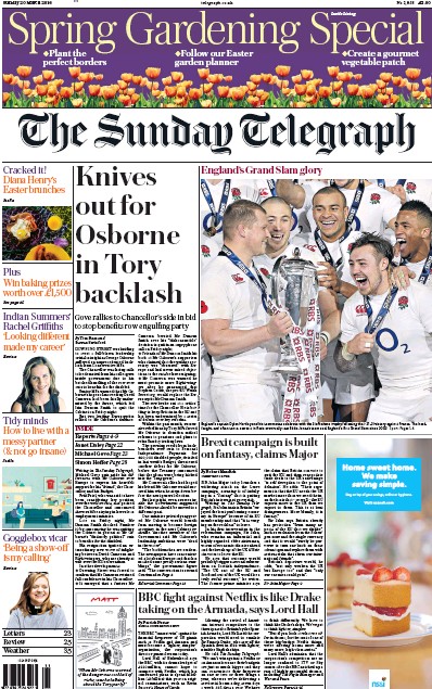 The Sunday Telegraph (UK) Newspaper Front Page for 20 March 2016