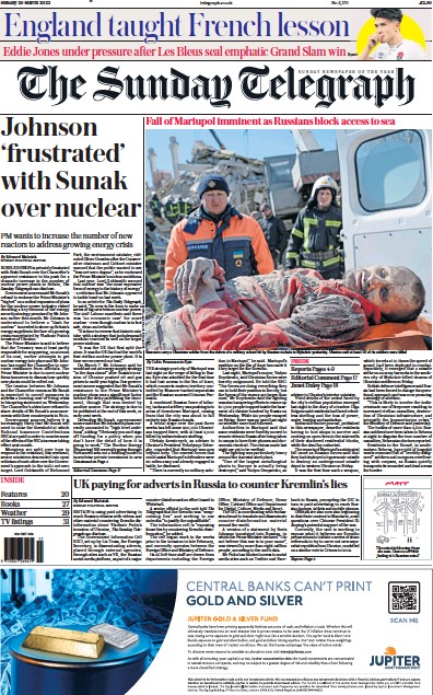 The Sunday Telegraph Newspaper Front Page for 20 March 2022