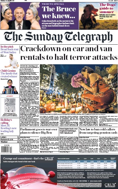 The Sunday Telegraph Newspaper Front Page for 20 August 2017