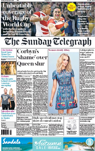 The Sunday Telegraph (UK) Newspaper Front Page for 20 September 2015