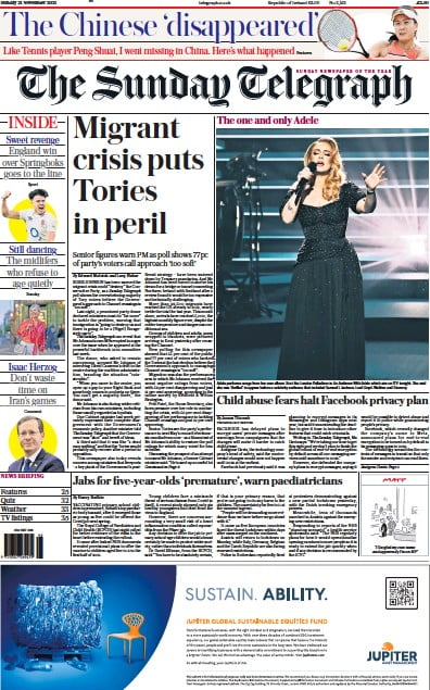 The Sunday Telegraph (UK) Newspaper Front Page for 21 November 2021