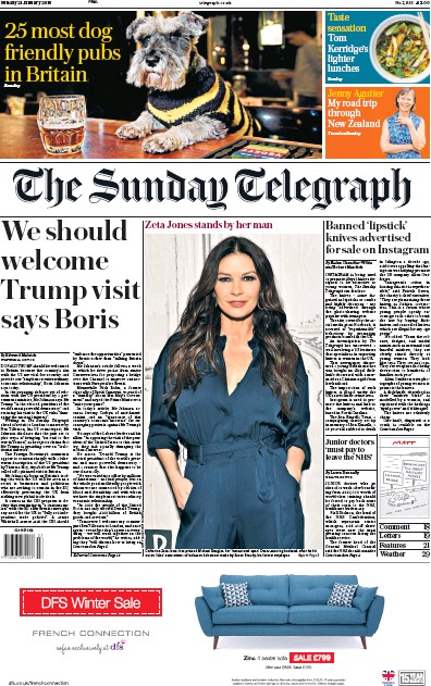 The Sunday Telegraph Newspaper Front Page for 21 January 2018