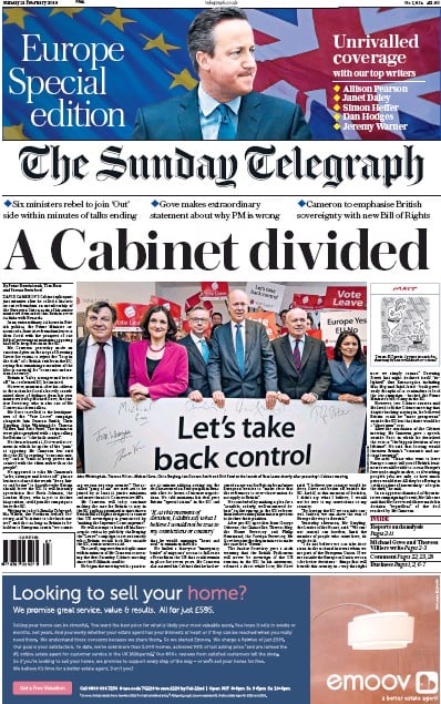 The Sunday Telegraph Newspaper Front Page for 21 February 2016