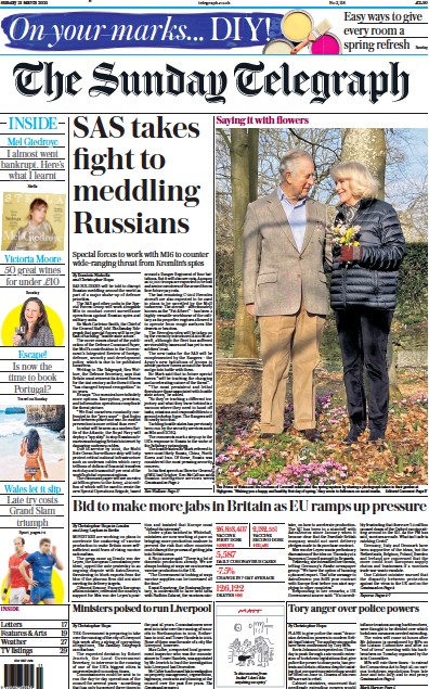 The Sunday Telegraph (UK) Newspaper Front Page for 21 March 2021