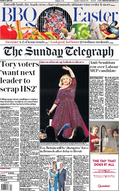 The Sunday Telegraph Newspaper Front Page for 21 April 2019