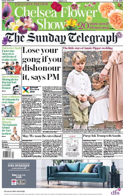 The Sunday Telegraph Newspaper Front Page for 21 May 2017
