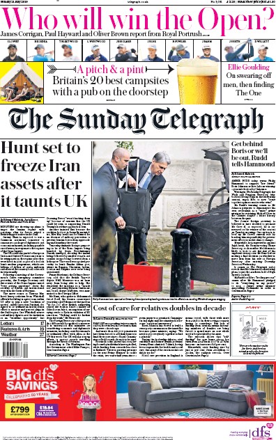 The Sunday Telegraph Newspaper Front Page for 21 July 2019