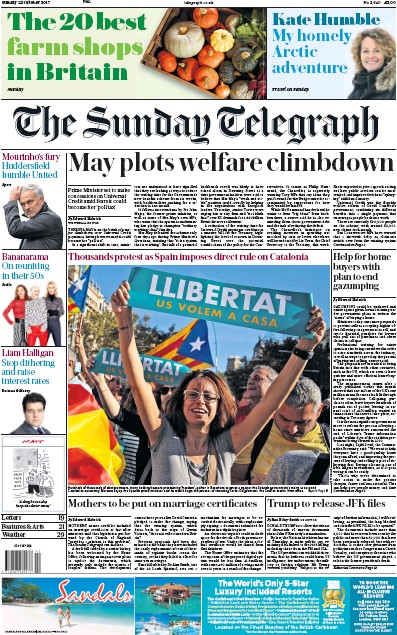 The Sunday Telegraph Newspaper Front Page for 22 October 2017