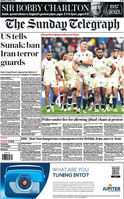 The Sunday Telegraph (UK) Newspaper Front Page for 22 October 2023