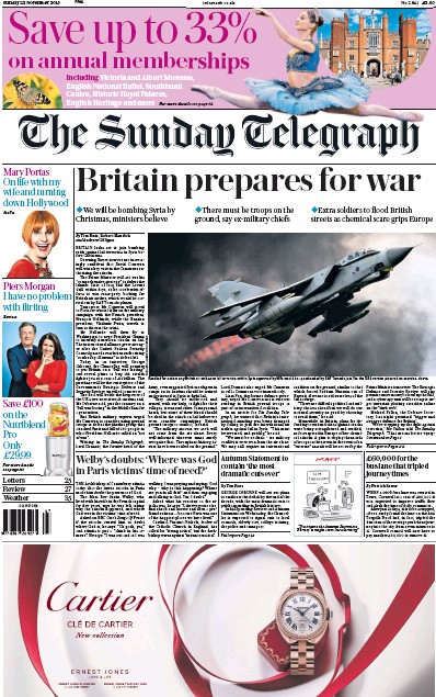 The Sunday Telegraph Newspaper Front Page for 22 November 2015
