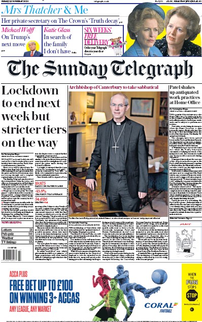 The Sunday Telegraph Newspaper Front Page for 22 November 2020