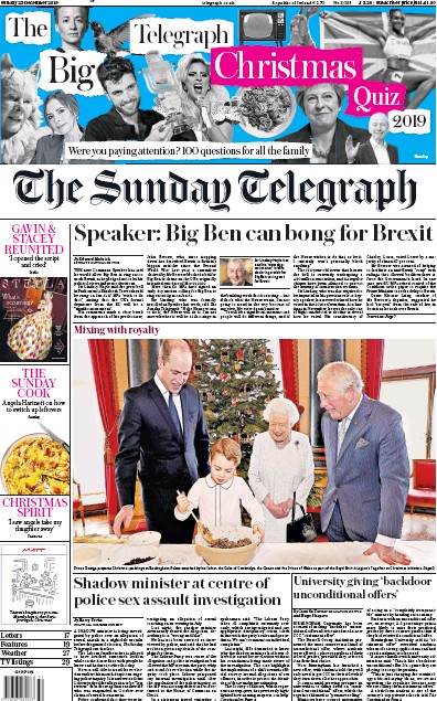 The Sunday Telegraph (UK) Newspaper Front Page for 22 December 2019